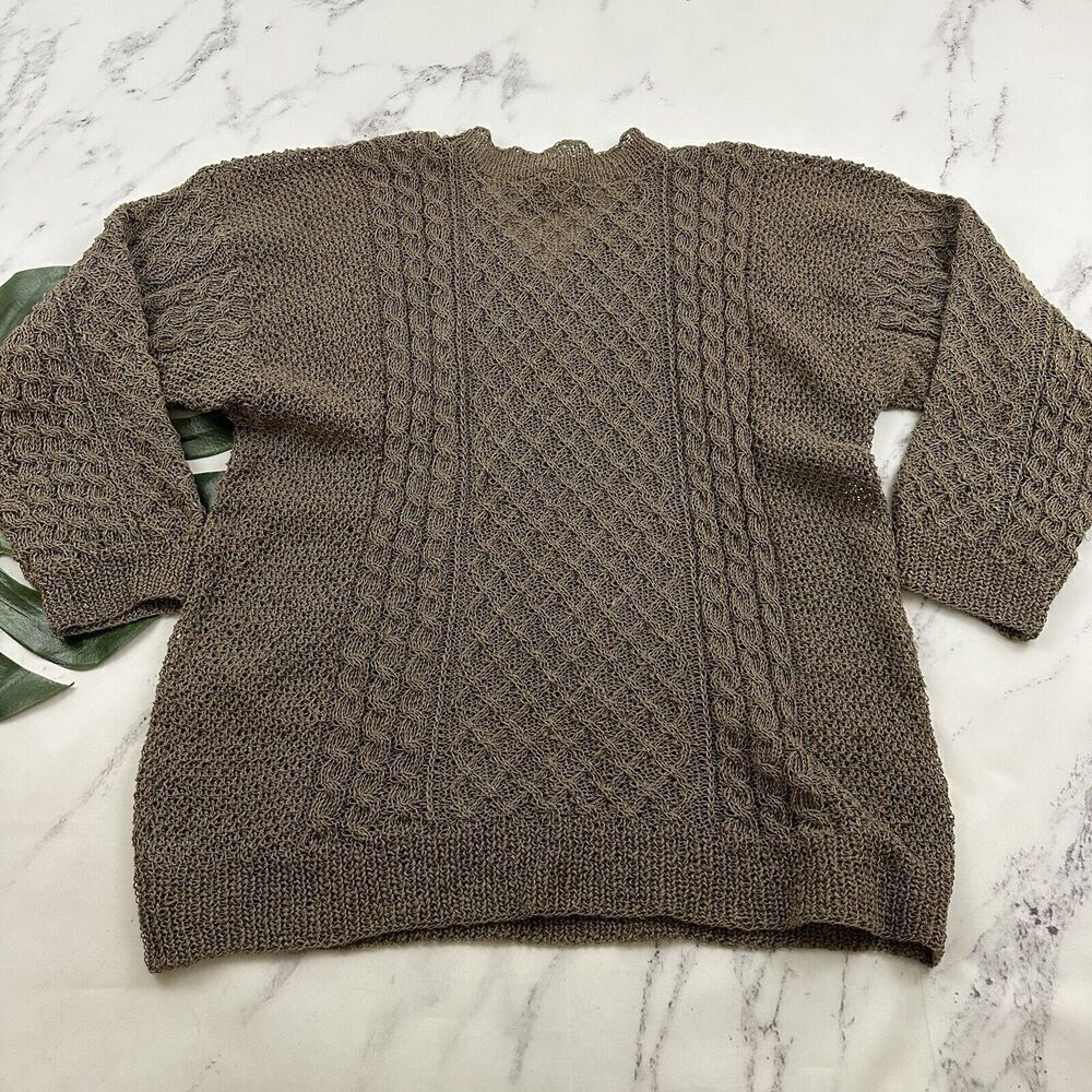 Nordic Design Hand Knitted Womens Sweater Size L Taupe Gray Open Knit Pullover - Picture 7 of 11